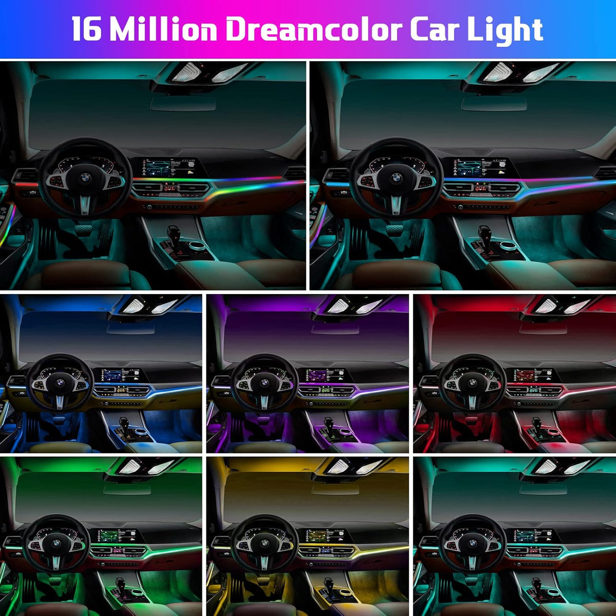 Acrylic Interior Car LED Strip Light, AMKI Car Led Lights Interior with Wireless App, Dreamcolor RGB 10 in 1 with 175 inches 593 LEDs Ambient Lighting Kits, 16 Million Colors Music & DIY Function