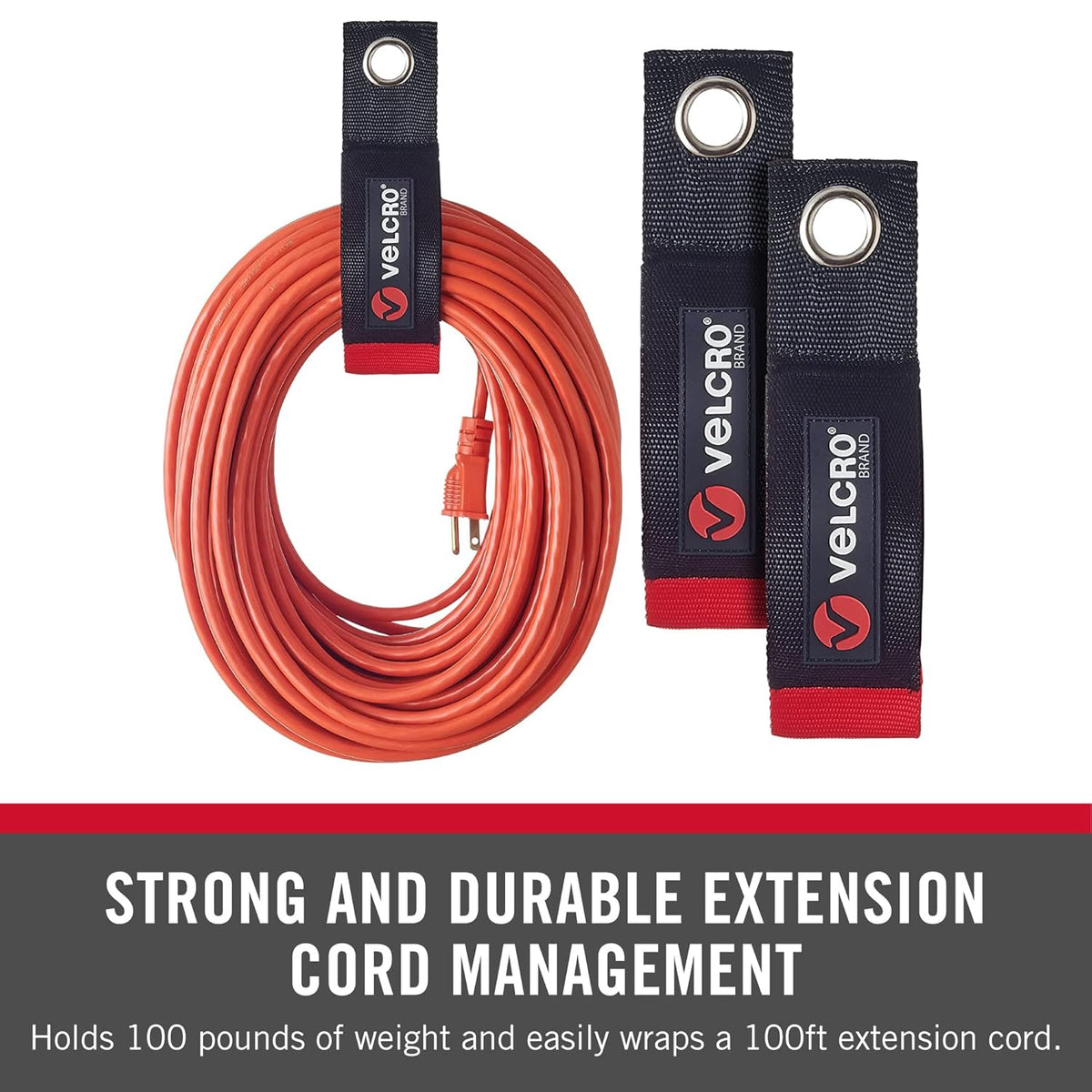 VELCRO Brand Easy Hang Extension Cord Organizer Holder | Large 18" Heavy Duty Straps for Garage Organization and Storage Grommet Hangs Easily on Wall Hooks or Nails 2pk, Holds 100bs, Black