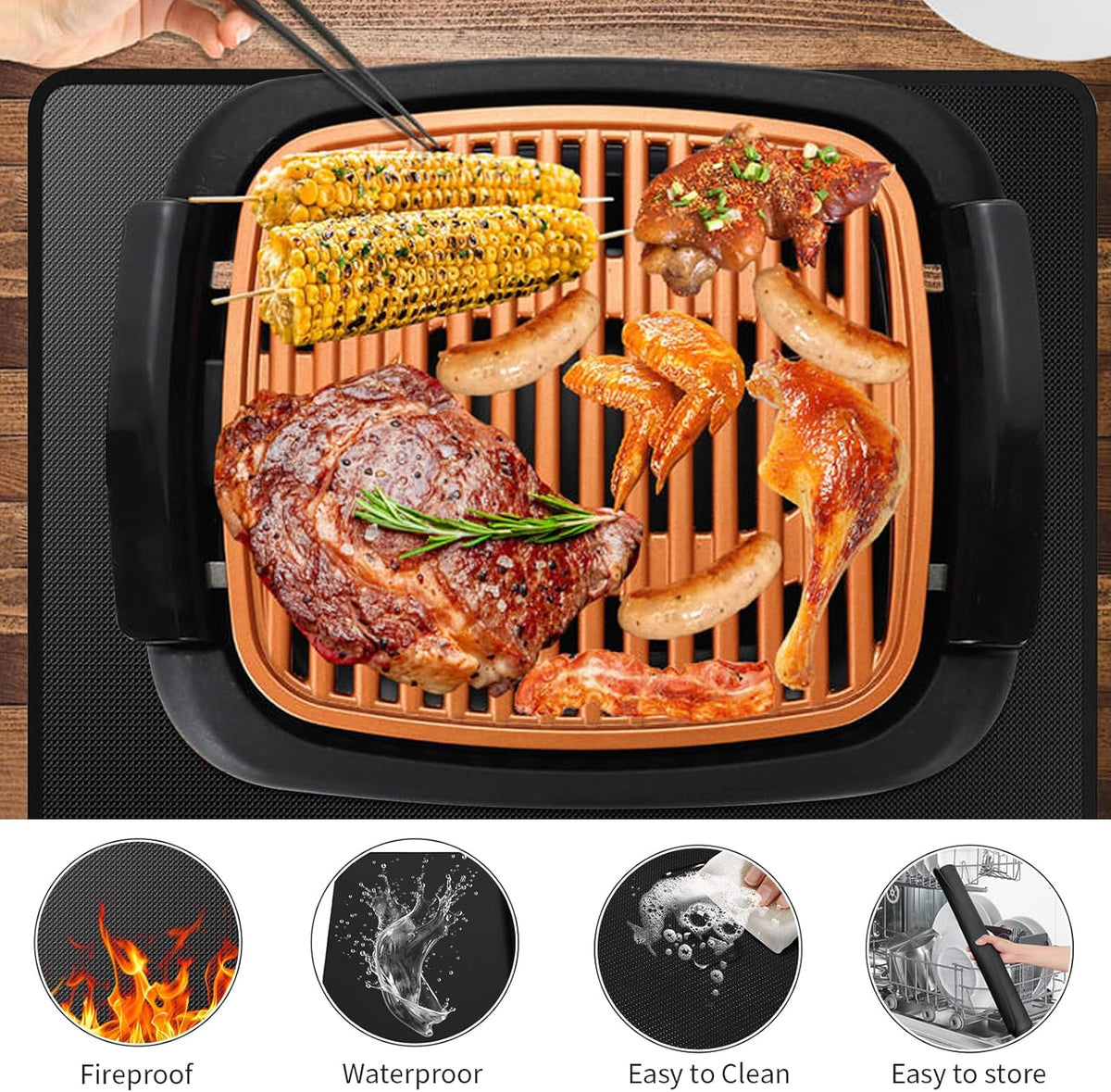 Heat Resistant Grill Mat, 15 x 18 inches Double-sided fireproof and waterproof BBQ protection mat Multi-Purpose for Grills Pizza Ovens Smokers Black