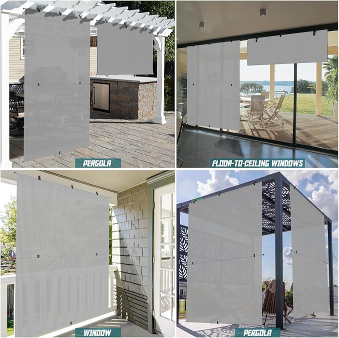 Bynbbur 6'W x 12'H Outdoor Patio Shades Foldable Roller Blinds, 220 GSM Sun Shade Roll Up Porch Screens Exterior Shade Cloth for Deck Pergola Backyard, Light Gray