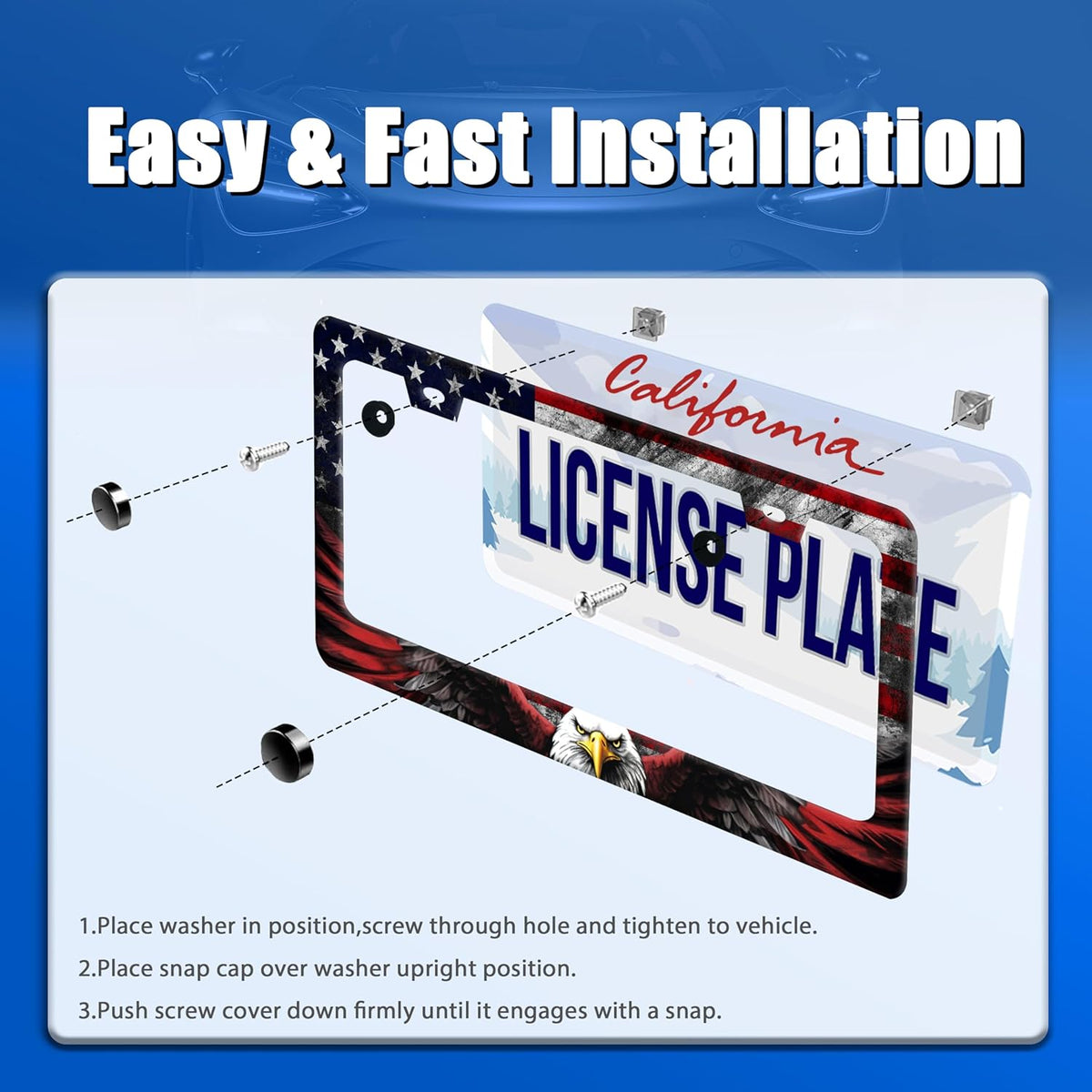 American Flag Eagle Patriotic License Plate Frame USA Flag License Plate Stainless Steel Funny License Plate Holder for Men Women Colorful Car Accessories Decoration 12.3" x 6.3"