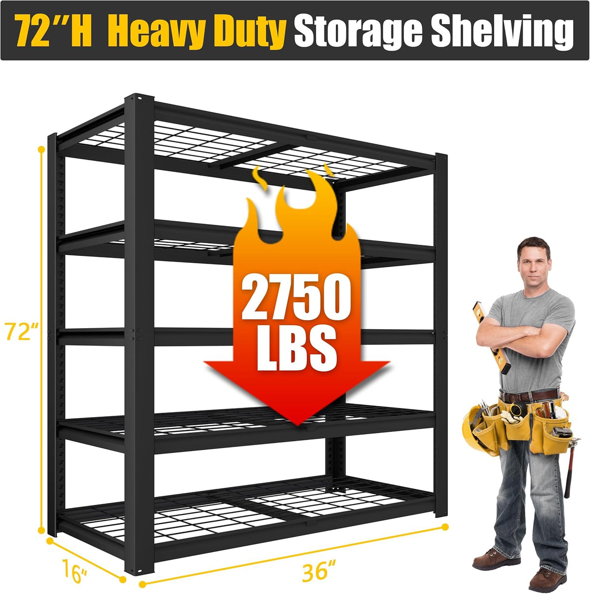PrimeZone Heavy Duty Garage Shelving 5 Tier Heavy Duty Storage Shelves Adjustable Industrial Metal Wire Shelf Unit for Garage,Basement,Pantry,Warehouse,Commercial,36" W X 16" D X 72" H