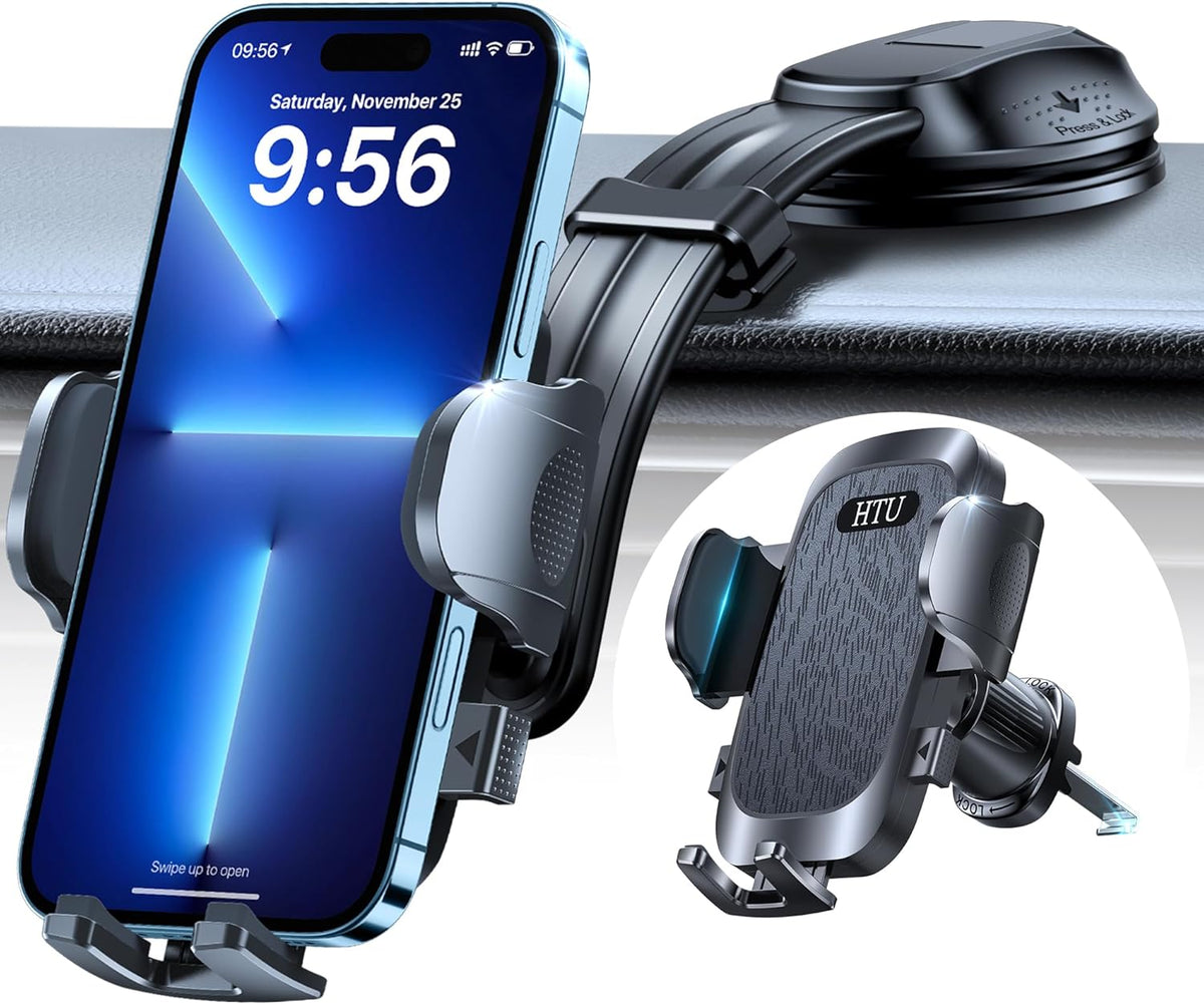 HTU Upgraded Strongest Suction Car Phone Holder Bendable Arm, Never Block View Rotatable Cellphone Mount for Dashboard Windshield Vent, Cradle Stand for iPhone 16 15 14 13 12 Pro Max (Black)