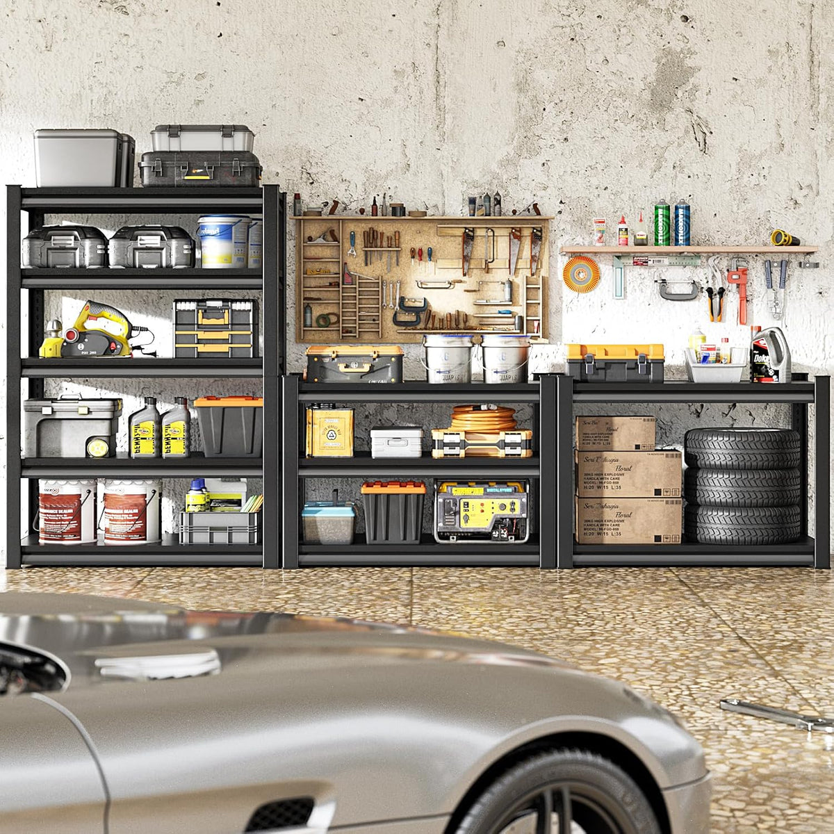 Garage Storage Shelves Heavy Duty, 48”W Garage Shelving and Storage Rack, 3000LBS Loads Shelving Units, Adjustable 5-Tier Metal Shelves for Garage, Warehouses, 48”W×24”D×78”H,Silver