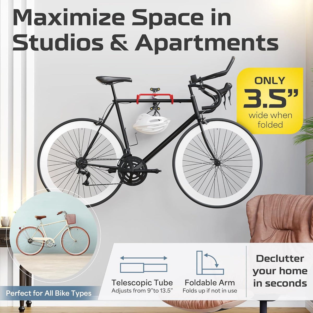 UrbanMount Wall Mount Bike Rack Garage - Mountain Bike Wall Mount Horizontal Vertical Design with 66lbs Cap, Screws, Installation Manual - Secure Road Cycling Holder Storage, Bicycle Hanger for Home