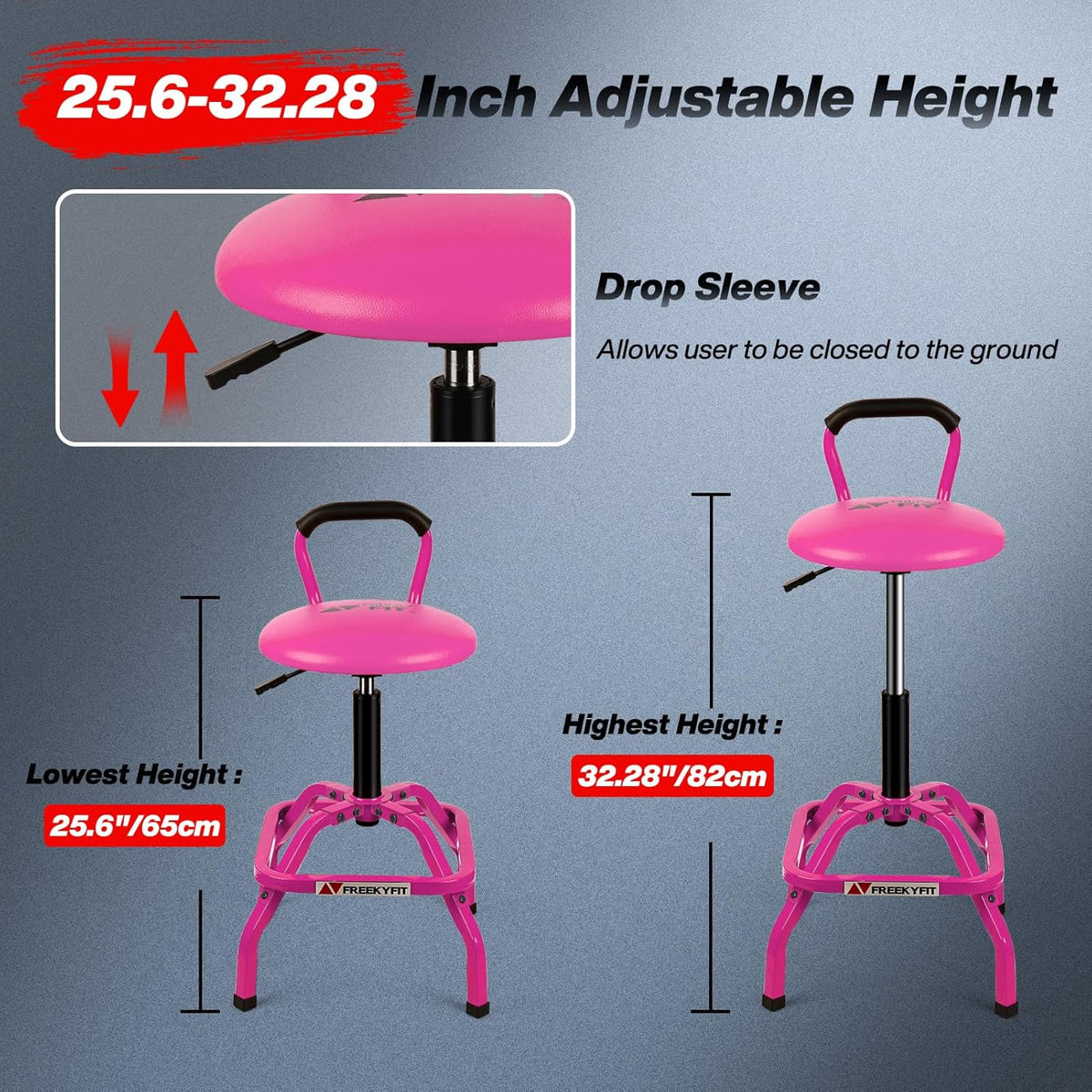 Garage Stool, Adjustable Height Swivel Work Mechanic Shop Stool with Backrest, Pneumatic Shop Chair for Home, Workshop, 300 LBS Capacity, 360° Rotation, Heavy Duty, Pink