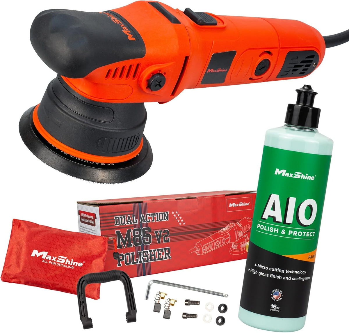 Maxshine 2 Pieces M8S V2 Dual Action Polisher & 16oz AIO Polish Car Detailing Kit - 1000W, 8mm Throw, 5” Plate, Thread 5/16”-24 - Powerful Auto Detailing Tool for Paint Protection (M8S V2 Kit 1)
