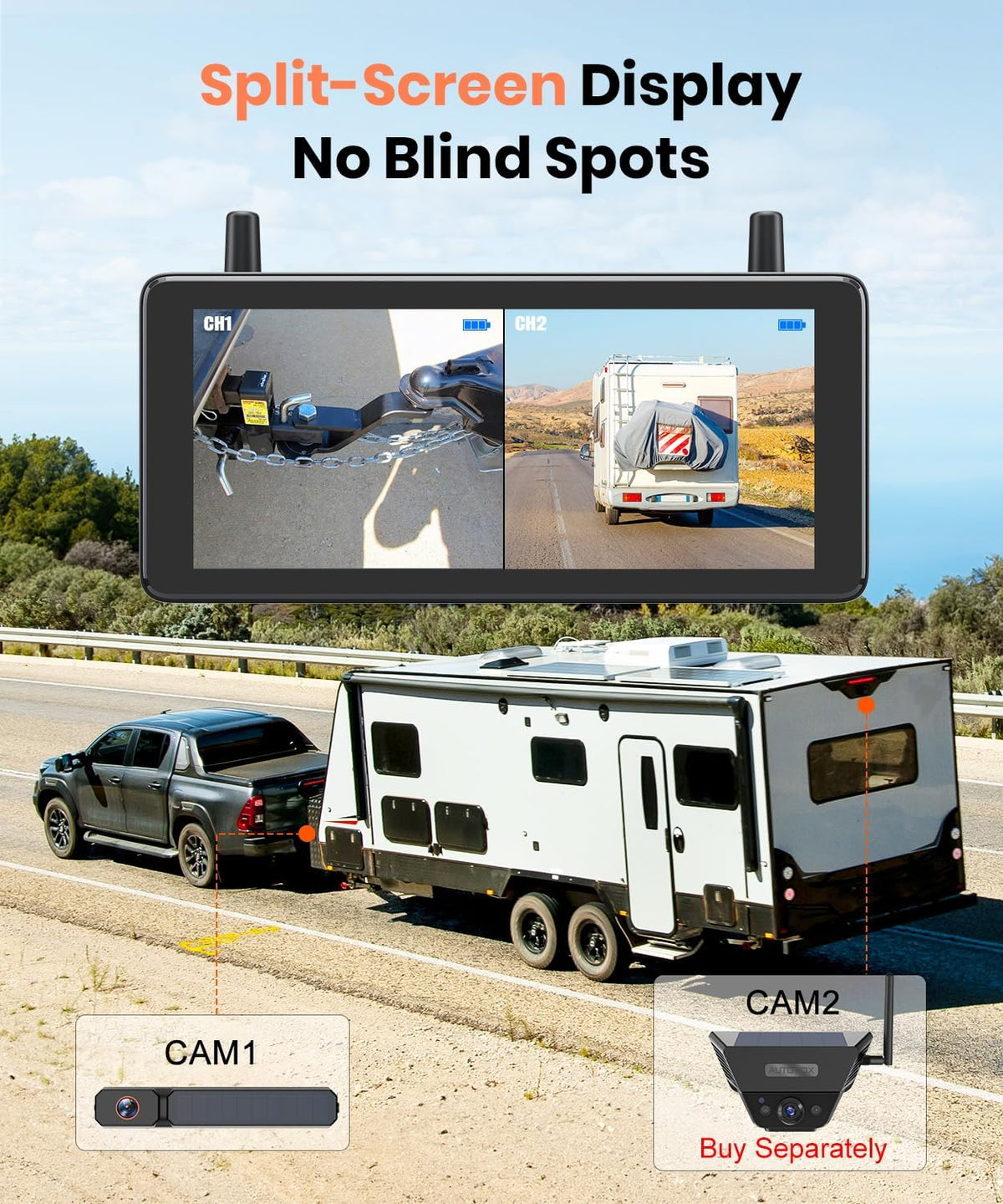 AUTO-VOX 7.2" DVR Portable Solar Wireless Backup Camera:HD 1080P 2 Min Quick Installation Support 2 Split Screen Back up Camera, IP69K Waterproof Reverse Camera for Car, Van, SUV, Truck, Trailer