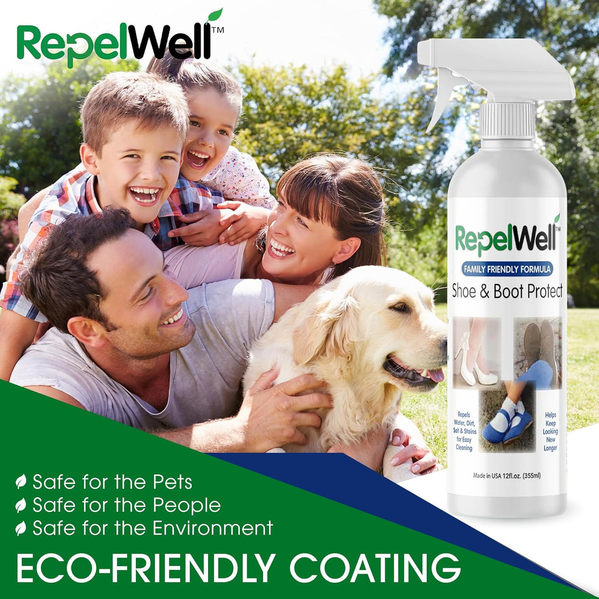 Shoe & Boot Stain & Water Repellent (12oz) Eco-Friendly, Pet-Safe Spray Keeps Fabric, Leather & Suede Clean & Dry