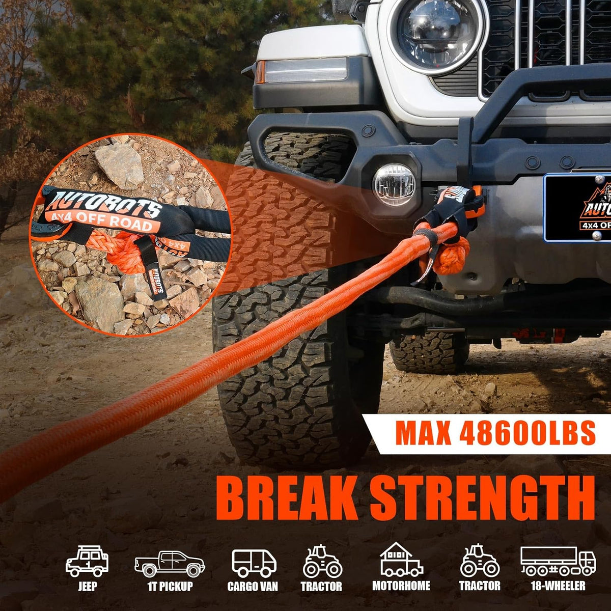 AUTOBOTS Kinetic Recovery Rope 1" x 20'(48,600lbs)+2 Soft Shackles，Heavy Duty Tow Rope Tow Strap for Truck ATV UTV SUV Car，Offroad Recovery Kit