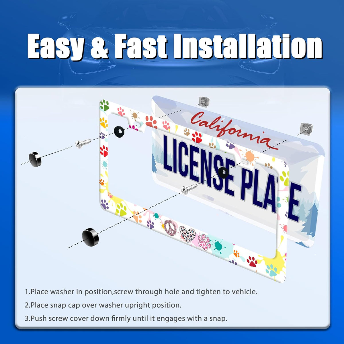 Dog Cat Paw License Plate Frame Colorful Paws License Plate Stainless Steel Funny License Plate Holder for Men Women Universal Animals Car Accessories Decoration 12.3" x 6.3"