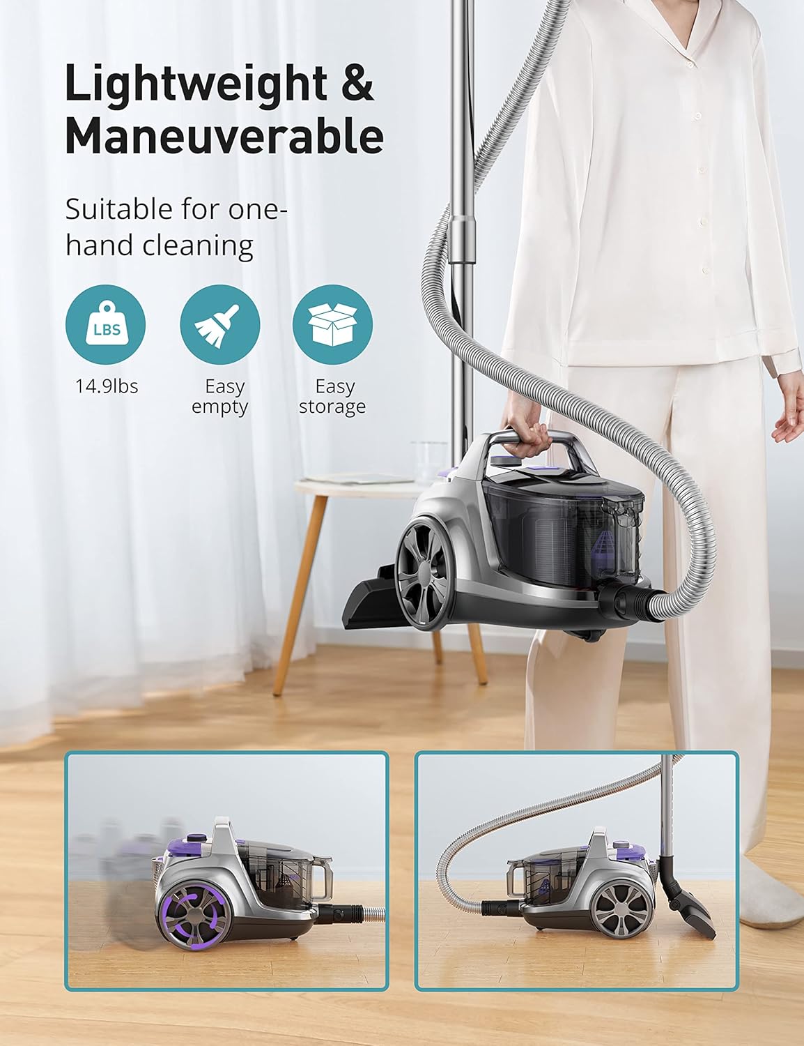 Aspiron Canister Vacuum, Upgraded 1600W Bagless Canister Vacuum Cleaner, Auto Cord Rewind, H13 HEPA Filter, 3.7Qt Large Capacity, 5 Tools for Hard Floors, Carpet, Pet, Upholstery, Tiles, Car, Violet