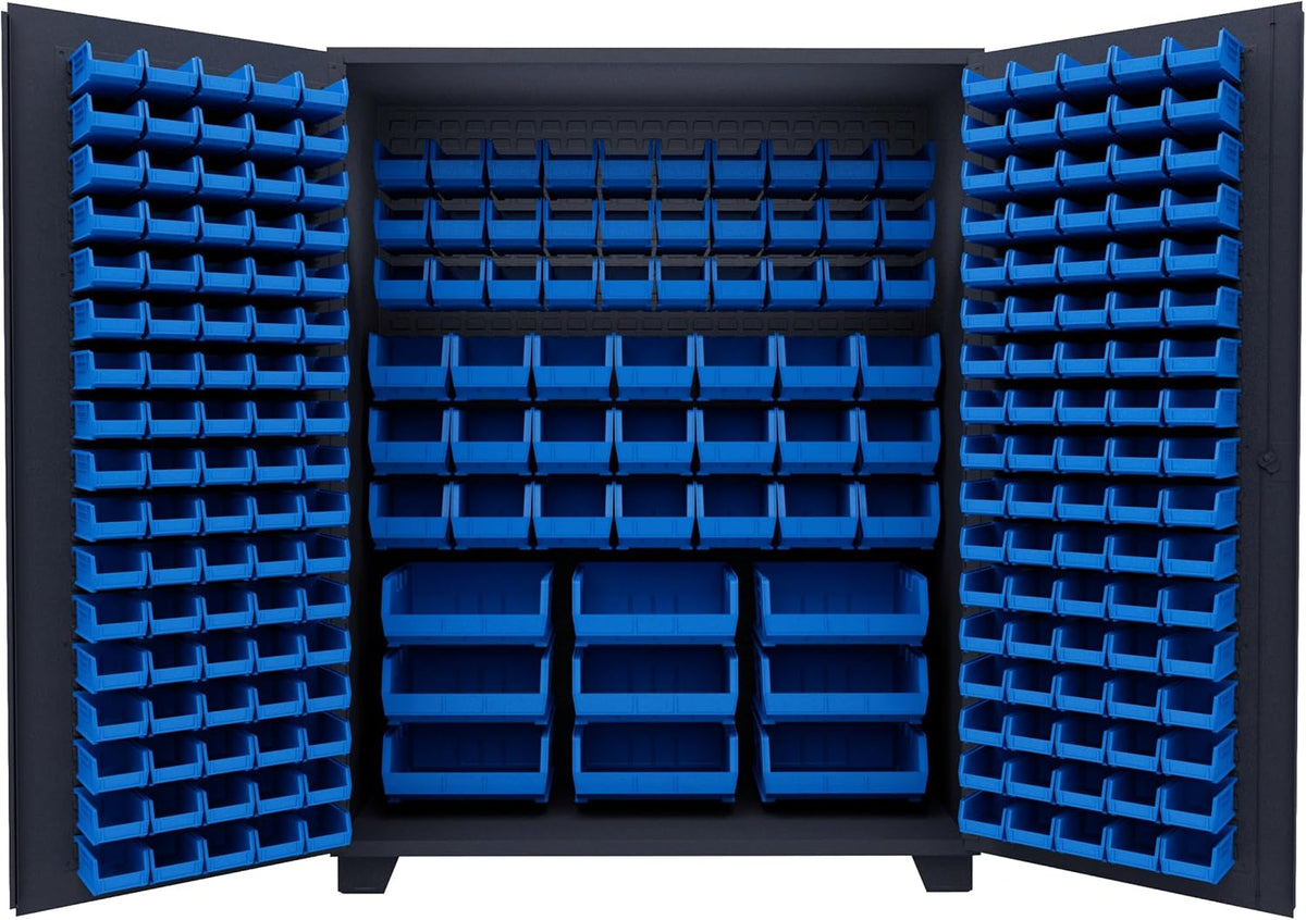 Jamco Tool Storage Cabinets with Bin Mounts, Model DE, Includes 230 Bins, 60-Inch W x 24-Inch D x 78-Inch H, Blue Bins