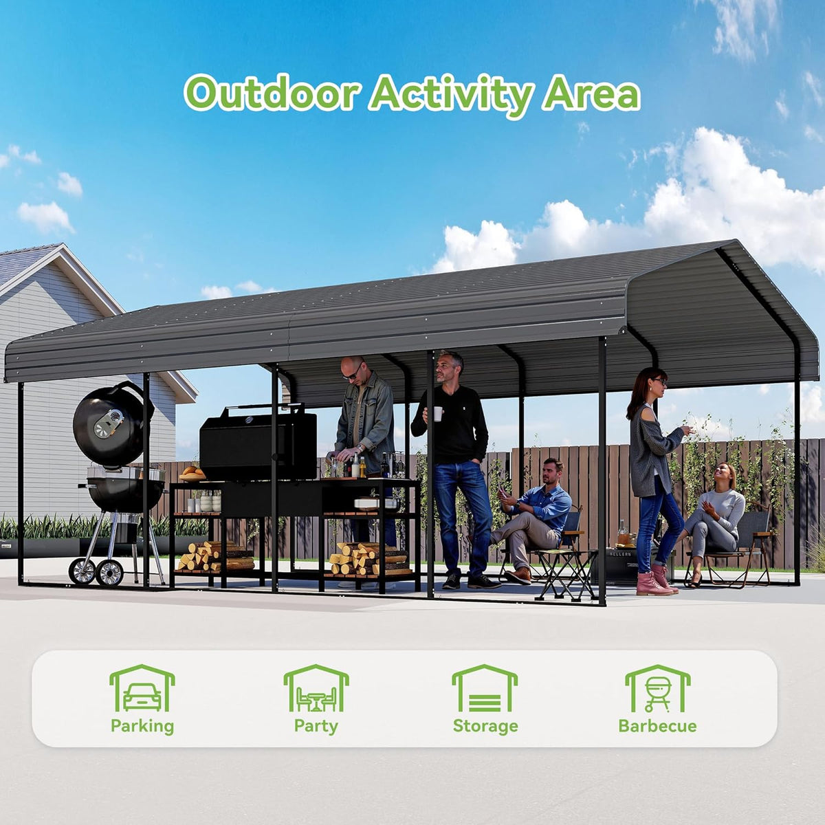 Real Relax 12x20FT Heavy Duty Metal Carport, Outdoor Carport Canopy with Galvanized Steel Roof and Reinforced Base for All-Weather, Garage Shelter Shade for Trucks, Boats, Party, Gray