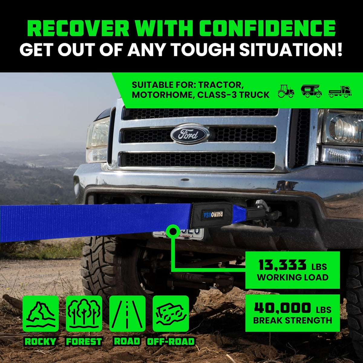 Rhino USA Recovery Tow Strap (4" x 30') - 40,320lb Break Strength - Emergency Recovery Strap Tow Rope for Diesel Trucks, Backhoe, Excavators & More - Heavy Duty Towing Strap for Offroad 4x4 Use (Blue)