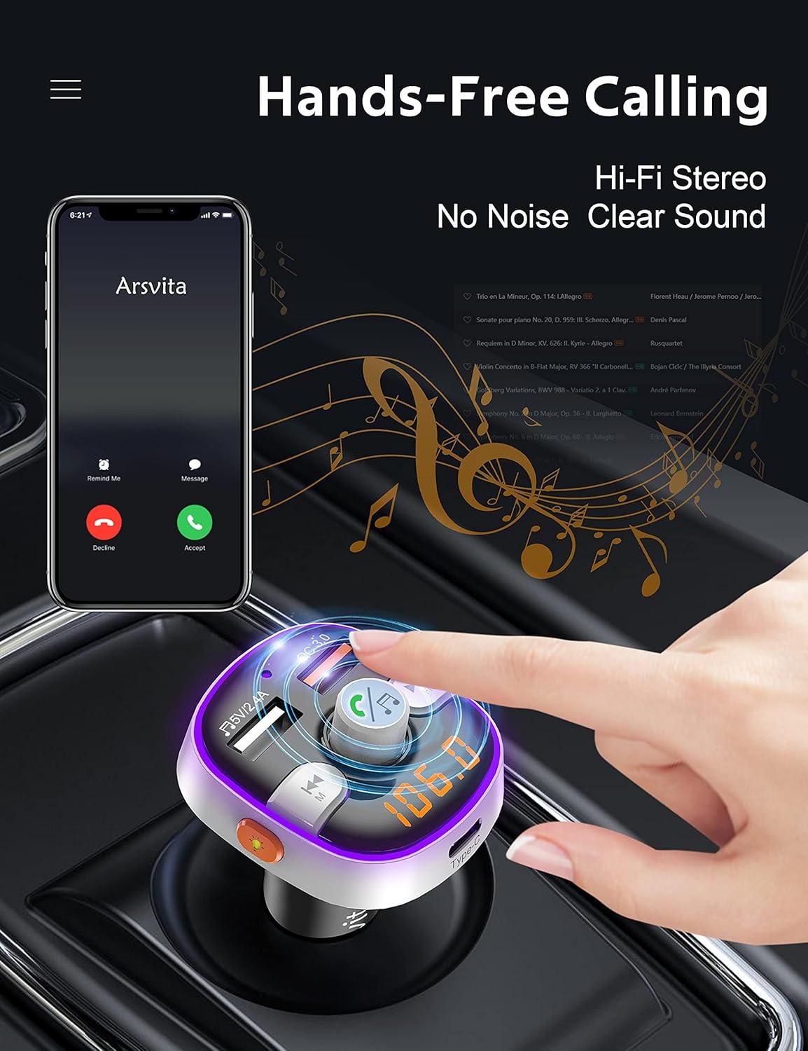 Arsvita Bluetooth FM Transmitter for Car, Radio Receiver/Audio Adapter with Type-C PD Charger, Support QC3.0 Quick Charging, Hands-Free Calling and Hi-Fi Sound Playback, Silver