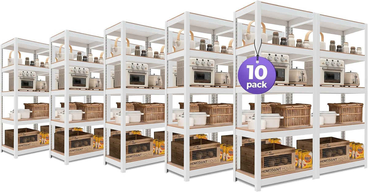 HOMEDANT House 5 Tier 24.4" W Laminated Metal Shelving Unit Adjustable Storage Utility Rack Heavy Duty Shelves Organization Multipurpose Shelf Kitchen Garage Pantry Closet 10 Pack