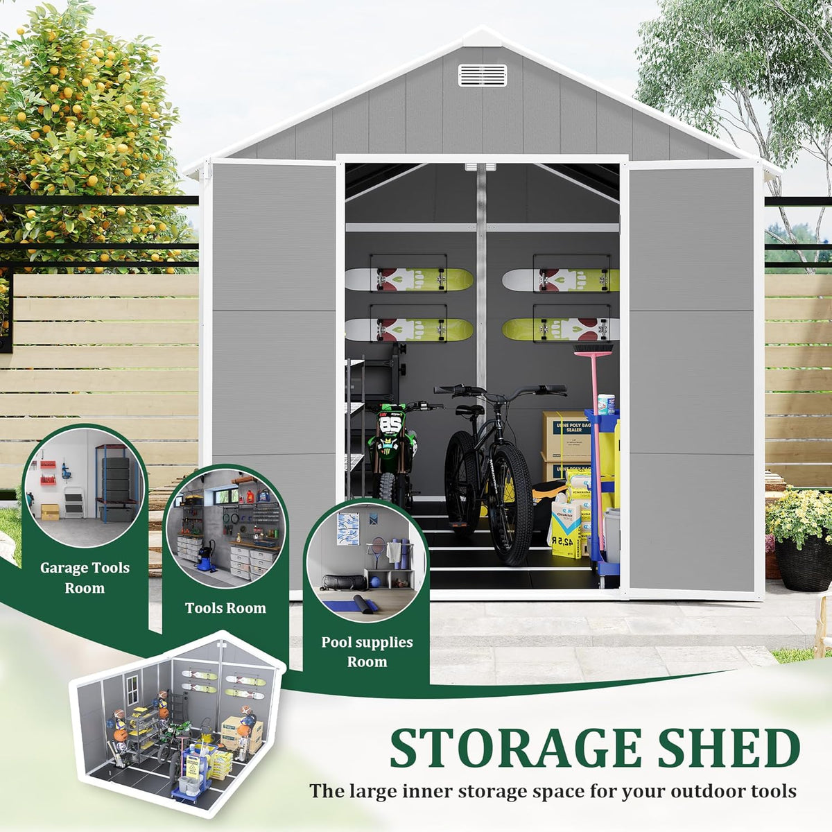 Resin Storage Shed 10x8 ft, Large Outdoor Sheds with Floor, Lockable Doors and Vents, HD Window, 12mm Thick pp Board, Garden Storage Tool Shed for Backyard Patio Lawn (Grey, 10 * 8ft)