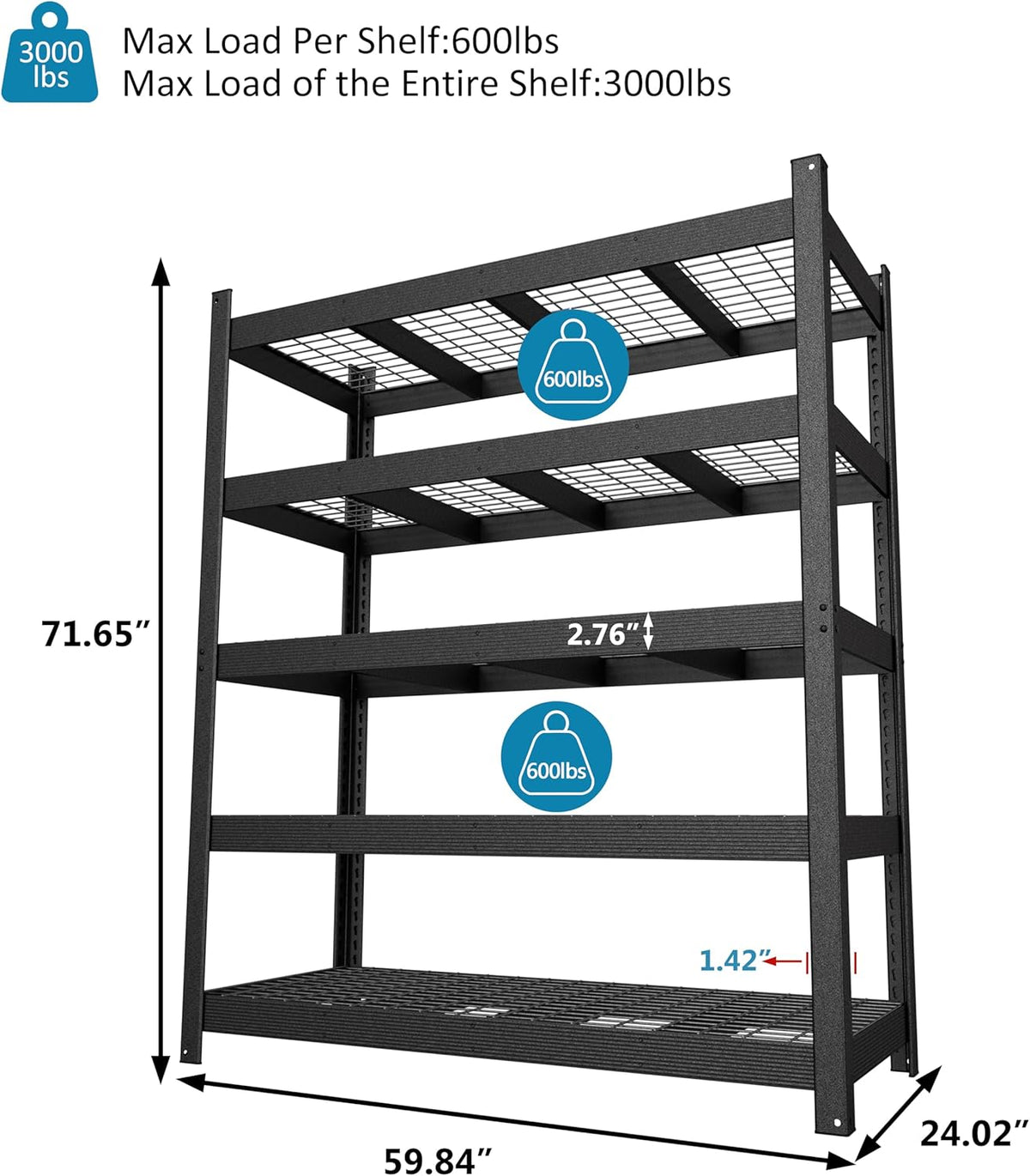 MUPATER 59.84”W × 24.02”D × 71.65”H Heavy Duty Metal Storage Shelves, 3000 LBS Utility Shelf Racks with 5-Tier Adjustable Shelves, Garage Shelving Unit for Warehouse, Garage, Kitchen