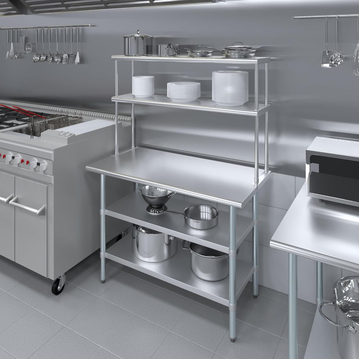 Amgood Stainless Steel Work Table with 2 Shelves | Metal Kitchen Prep Table & Shelving Combo (24" x 48" Table with 2 Shelves + 12" Overshelf)