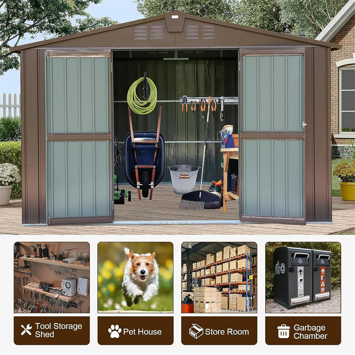 IKERY Metal Storage Shed 10' x 8' with Double Lockable Doors - Large Garden & Backyard Tool Shed for Bikes, Weather-Resistant - Brown