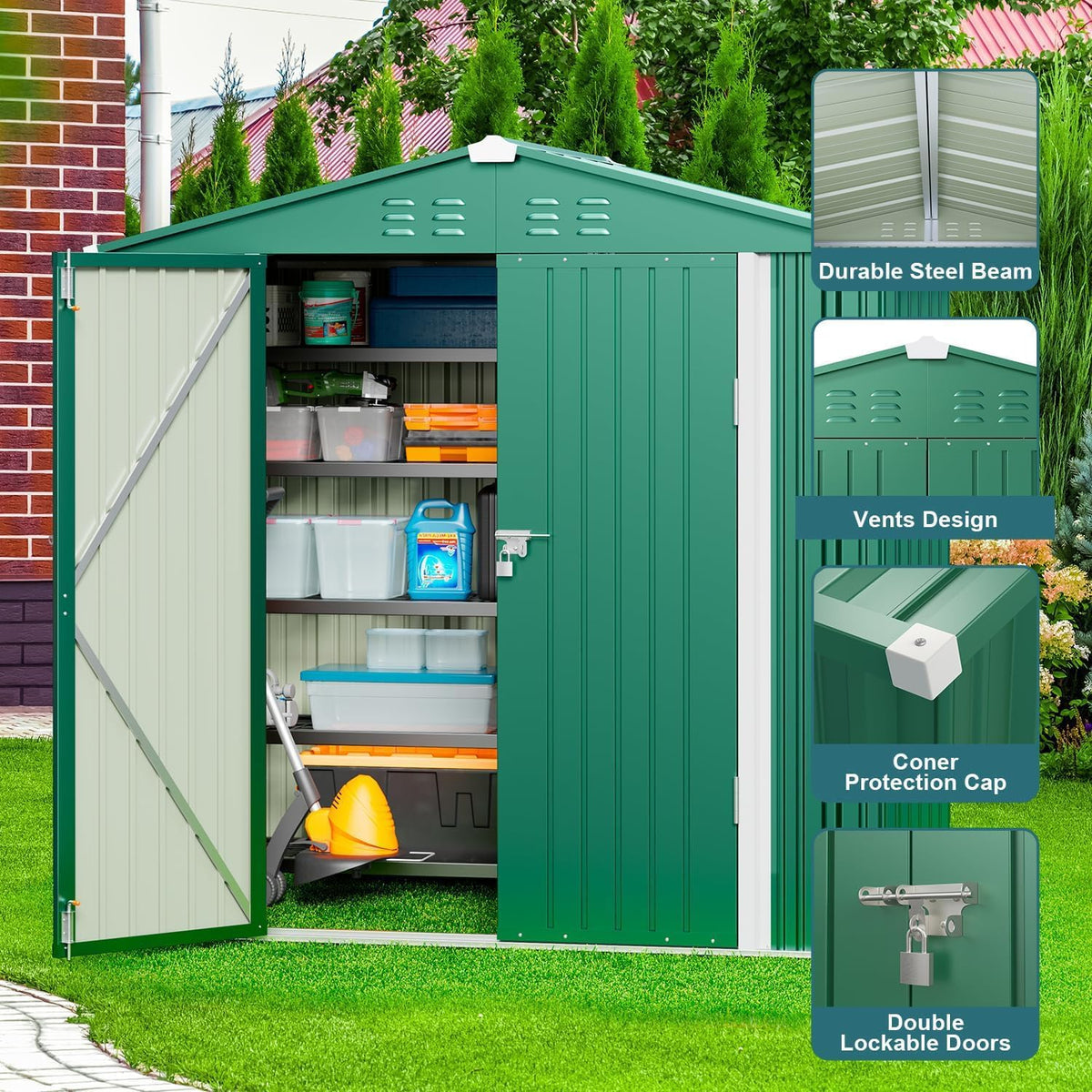 Gizoon Outdoor Storage Shed 6 x 4 FT, Galvanized Metal Garden Shed with Double Lockable Doors, Outdoor Storage Clearance for Backyard Patio Lawn-Green