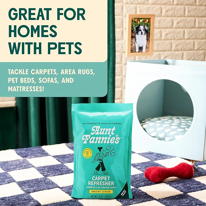 Aunt Fannie's Carpet Refresher & Deodorizer Powder, Multi-Purpose Carpet, Rug, and Upholstery Odor Eliminator for Homes with Cats & Dogs, Bright Lemon Scent, 16 oz Refill, Pack of 3