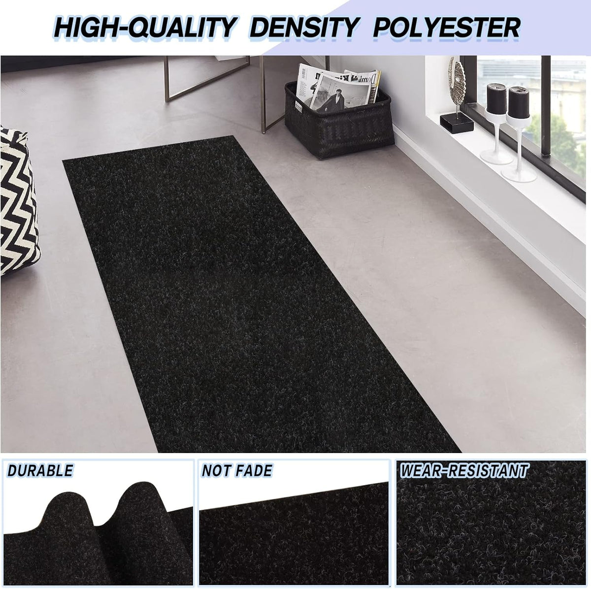 Custom Size Backed Non-Slip Area Rugs Runner, Easy Clean, Waterproof Runner Rugs for Hallway Entryway, Kitchen, Laundry, 4FT x 66FT, Black