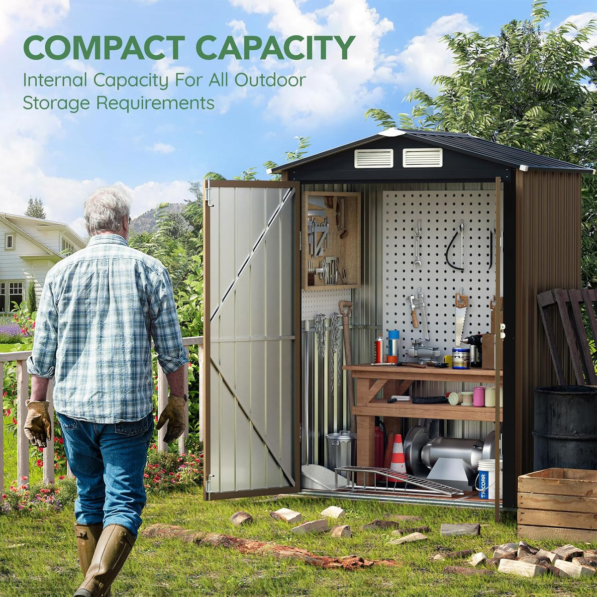 3X5FT Outdoor Steel Storage Shed with Lockable Doors, One Window,Ideal for Garden, Backyard, Patio Storage,Brown