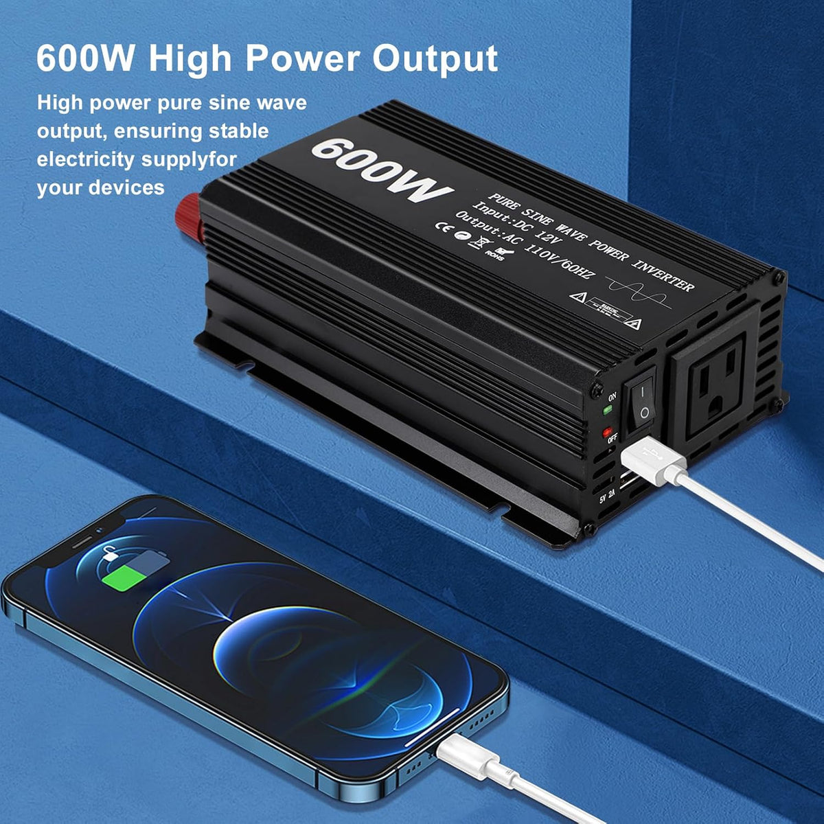 Power Inverter 600W Pure Sine Power Inverter DC 12V to AC 110V Car Converter, Car Cigarette Adapter Converter, Aluminum Alloy Car Power Inverter with 2 USB Ports