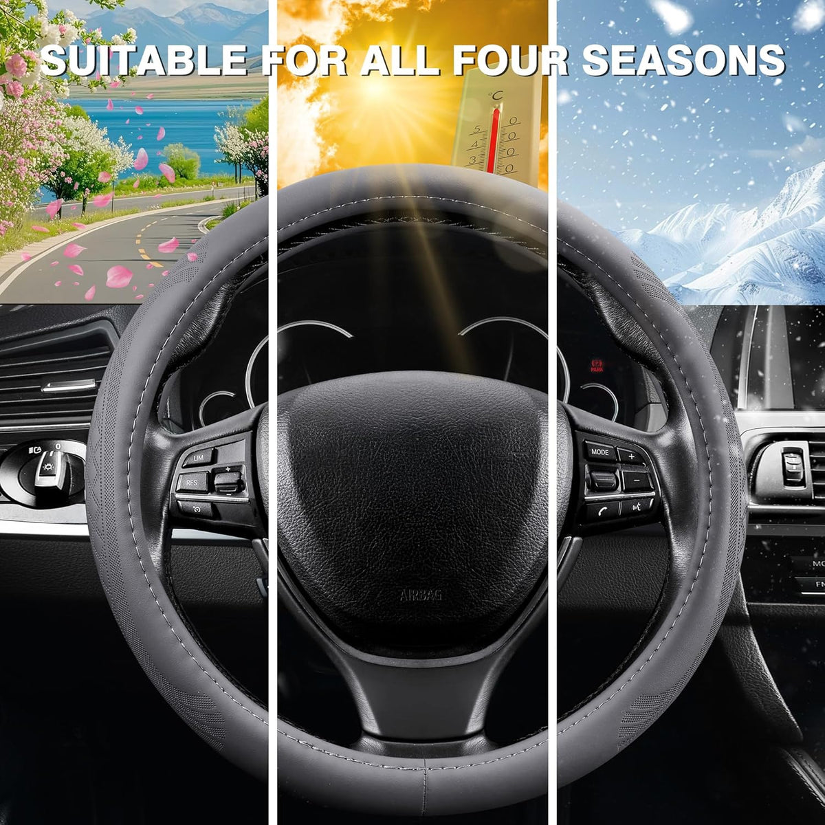 【2025 Model】 Breathable Soft Leather Car Steering Wheel Cover for Men Women, Non-Slip, Comfortable,Universal 15 inches Steering Wheels, Grey