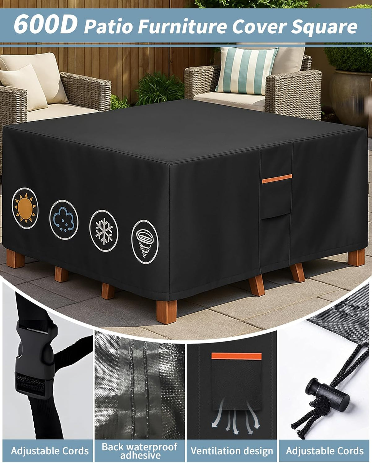 Outdoor Waterproof Furniture Cover, 62W x 62L x 28H inches Heavy Duty 600D Square Table and Chair Set Protection, Black