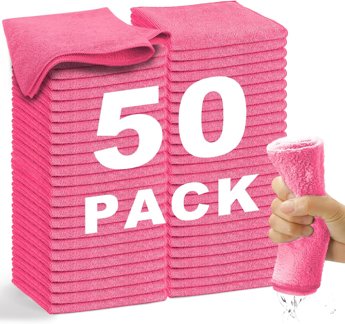 Microfiber Cleaning Cloth-50Pcs (13x13 inch) Ultra Soft Highly Absorbent Rags, Reusable and Lint Free Cleaning Towels for Housekeeping-Machine Wash (HotPink)