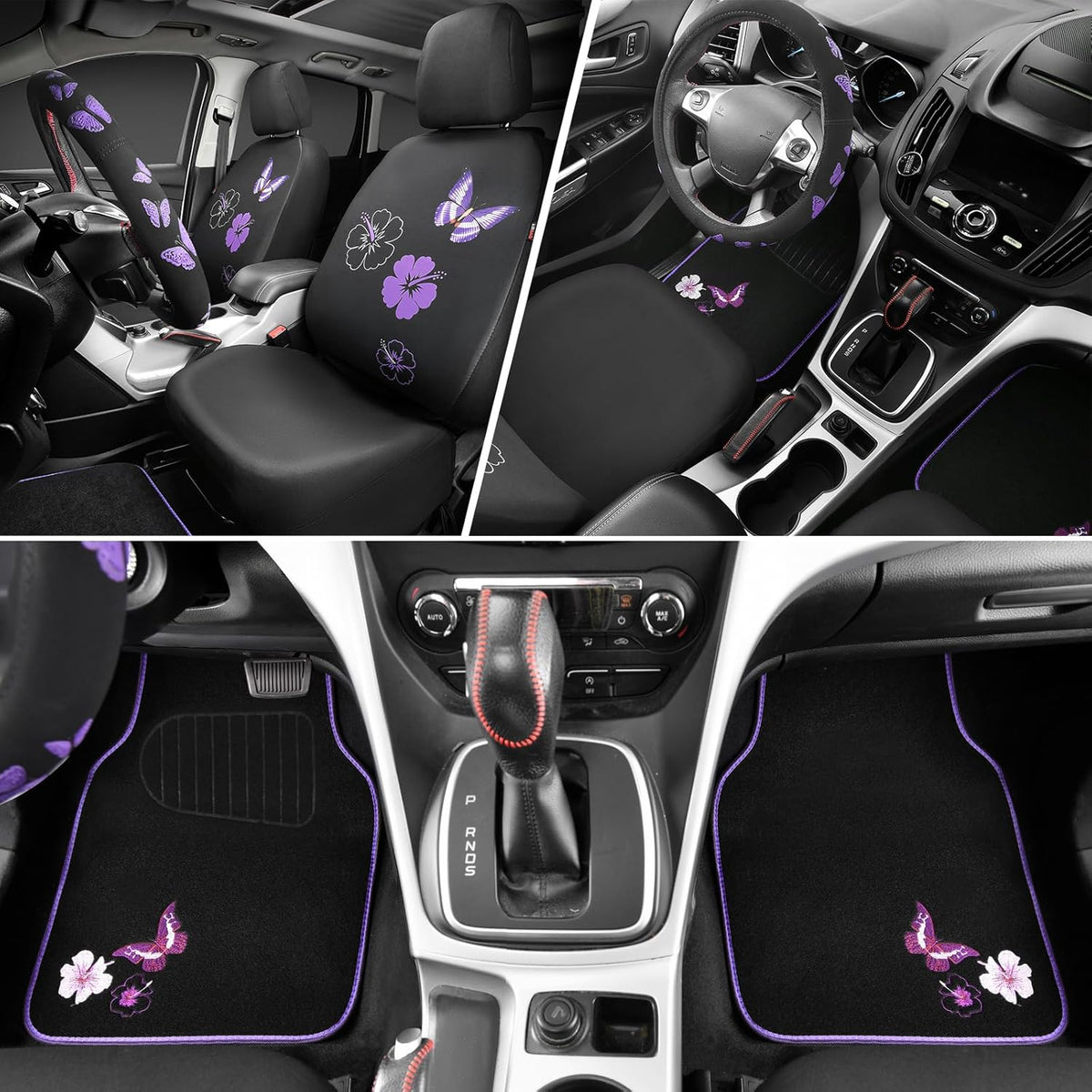 CAR PASS Universal Butterfly Car Seat Covers Front Set, Embroidered Flower Waterproof Car Floor Mats Carpet, Butterflies Steering Wheel Cover for Car Accessories Interior Sets (Black and Purple)