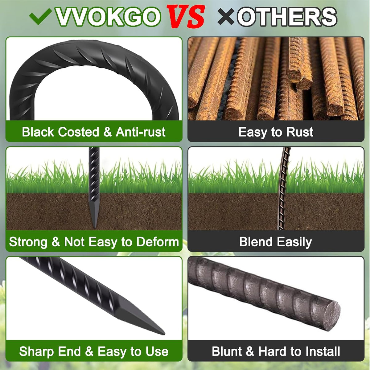 VVOKGO Rebar Stakes 24 Inch J Hook Heavy Duty Ground Anchors (32pcs), 3/8 Inch Diameter Metal Steel Extra Long Fence Stakes with Chisel Point End for Greenhouse, Gazebo, Carport, Camping Tents, Black