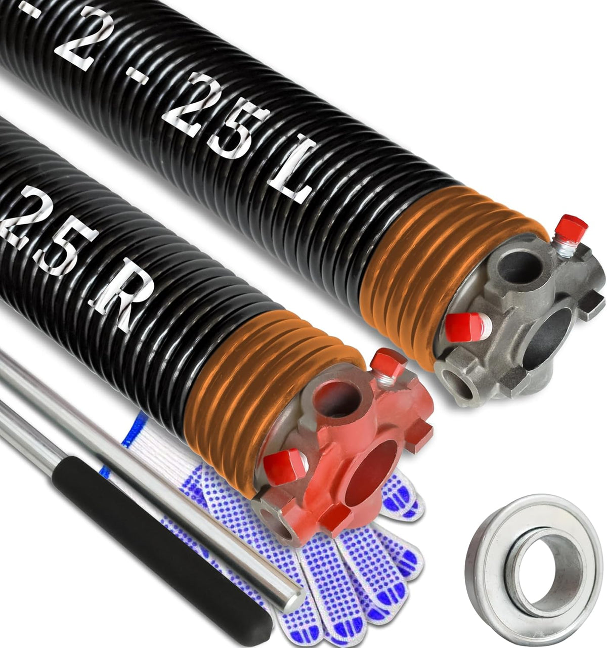 Garage Door Torsion Spring Set, Pair of 2" Electrophoresis Coated Garage Door Spring Replacement with 2 Non-Slip Winding Bars and Bearing, Minimum 16000 Cycles (.234x2x25")