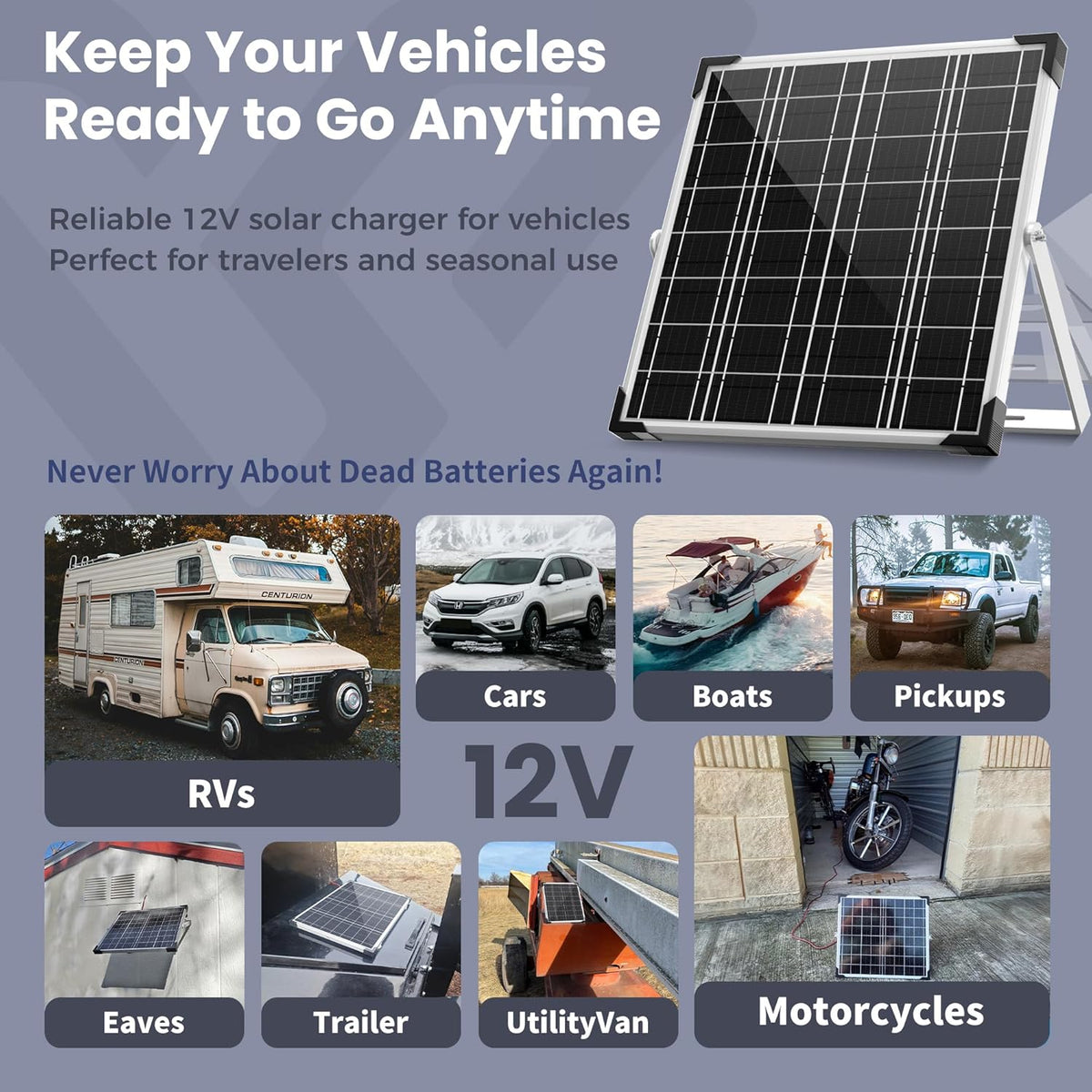 Solar Panel Kit 20W 12V, Solar Battery Trickle Charger Maintainer, Waterproof Solar Panel + Upgrade Charge Controller + Adjustable Mount Bracket for Boat RV Motorcycle Marine