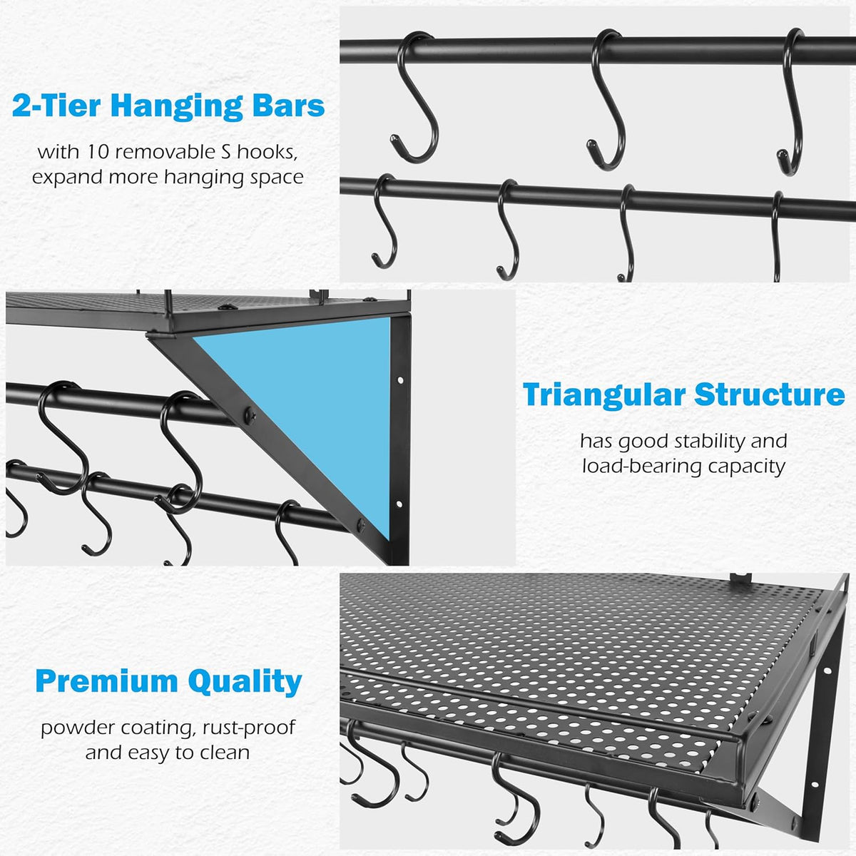 RedCall 2 Pack Garage Wall Shelf with 10 Hooks,23.5" x 13"Wall Mounted Storage Shelves with 2 Hanging Bars Rack for Garage, Closet, Laundry Room,Heavy Duty Metal Shelves