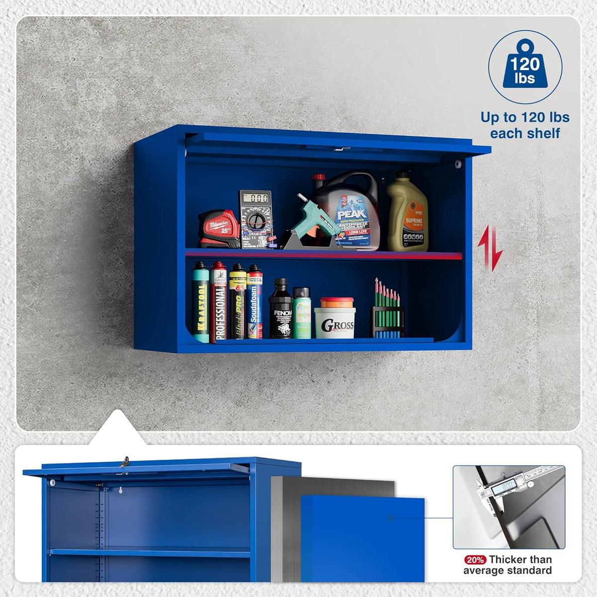 Metal Storage Cabinet Blue Wall Cabinets with Shelf and Locking Door - Wall Mounted Storage Cabinet for Garage Warehouse Home Office - Assembly Required