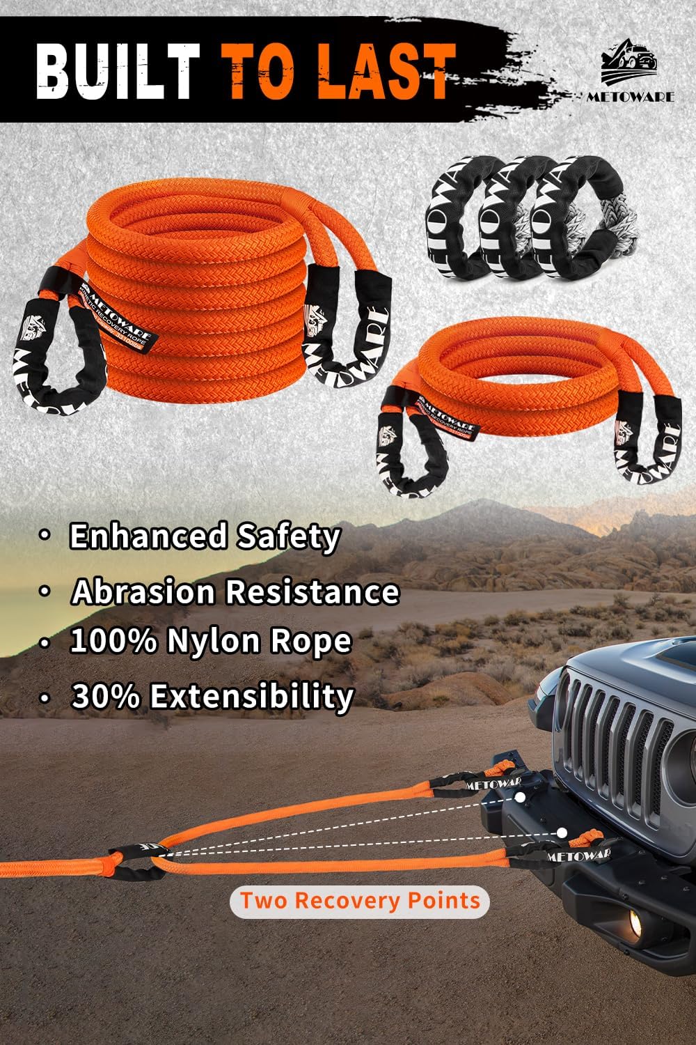 METOWARE Recovery Kit, Kinetic Recovery Rope (1'' x 10ft + 1'' x 20ft) 35,000 LBS with 1/2inch x 22 Inch Soft Shackles, Tow Rope Recovery Kit for UTV, ATV, Truck, Car