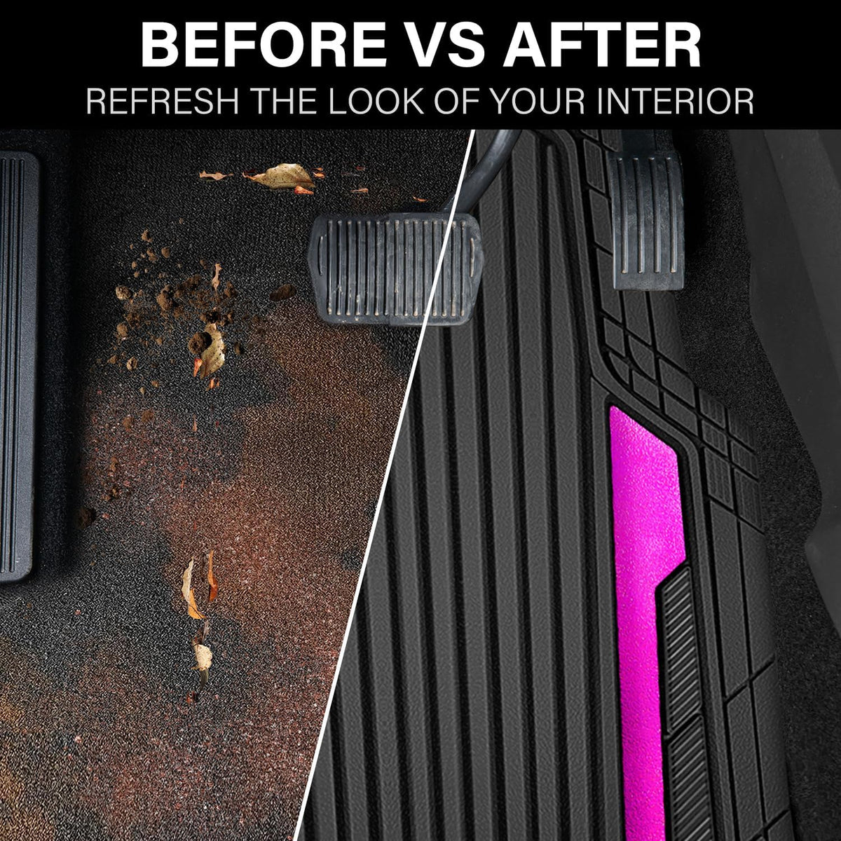 CAR PASS Heavy Duty Rubber Car Mats Metallic, Aluminum Film All Weather Floor Mats Waterproof Universal Trim to Fit for SUV Sedan Van 4 Piece Anodized Deep Dish Two-Tone Sporty Black Hot Pink Chrome