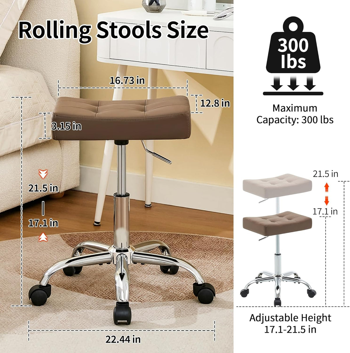 Vanity Stool with Wheels (Adjustable Height 17-21 inch) (300lbs Capacity) Faux Leather Nail Tattoo Vanity Massage Stool (Coffee Brown)