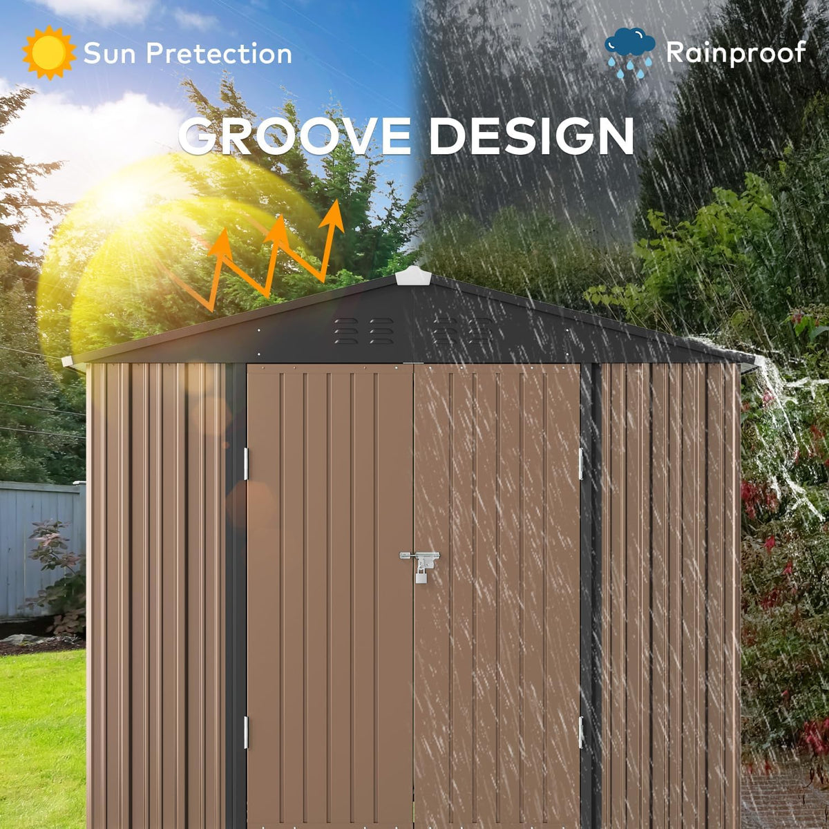 Gizoon Outdoor Storage Shed 8 x 6 FT, Galvanized Metal Garden Shed with Double Lockable Doors, Outdoor Storage Clearance for Backyard Patio Lawn-Light Brown