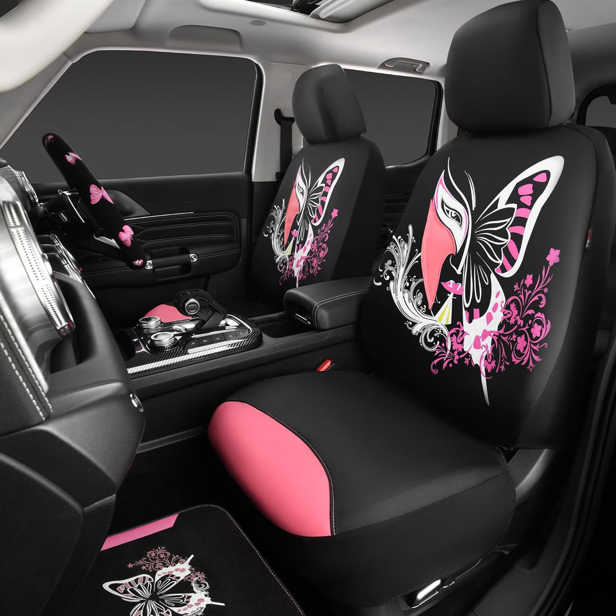 CAR PASS Pink Leather & Gaberdine Butterfly Car Seat Covers Full Set with Waterproof Car Floor Mats and Embroidered Butterflies Steering Wheel Cover for Interior Sets ((Black & Pink)