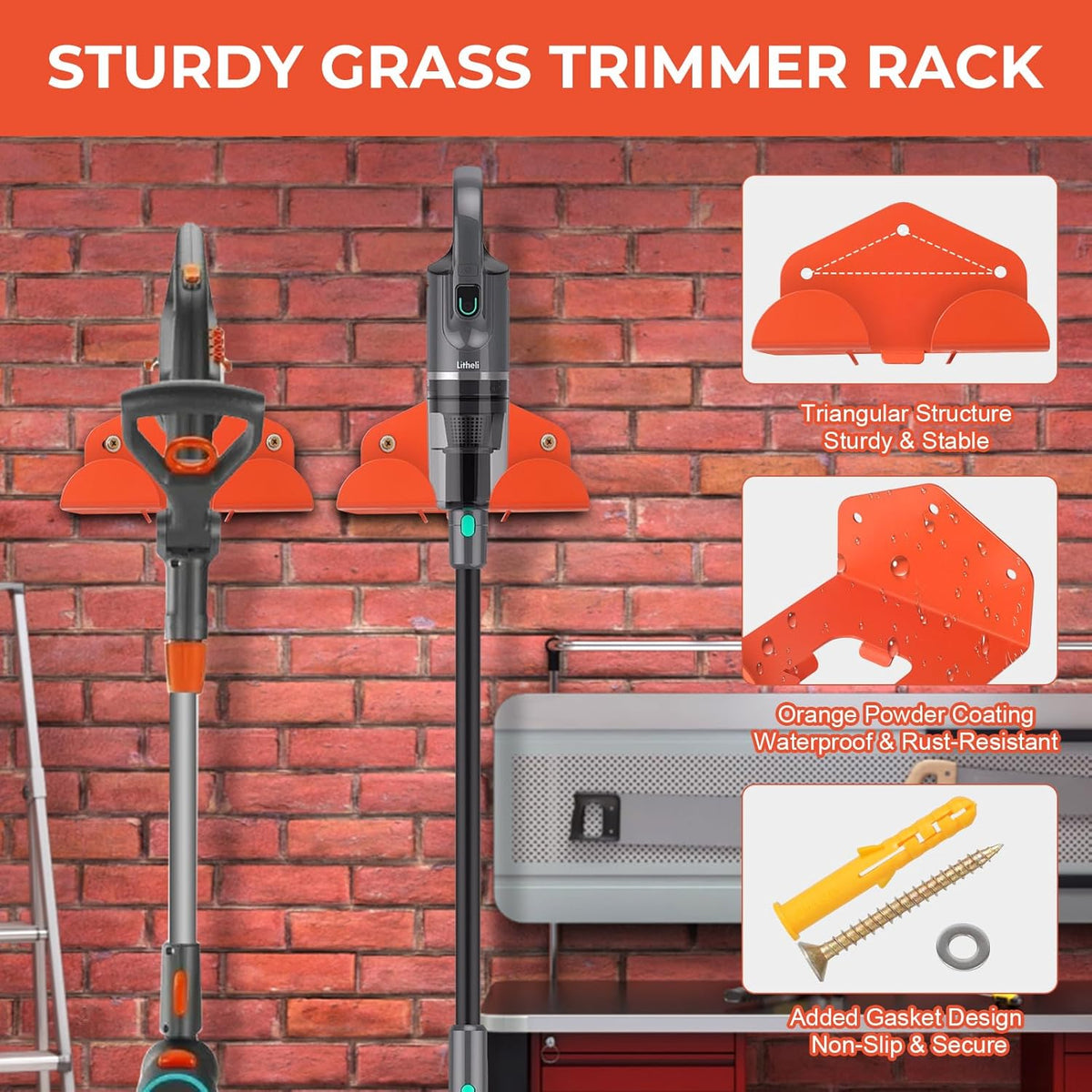 Garage Organizer Trimmer Rack, 2 Pack Heavy Duty Weed Eater Hanger Garage Storage, Wall Hanging Garden Power Tool Hanger Weedeater Rack