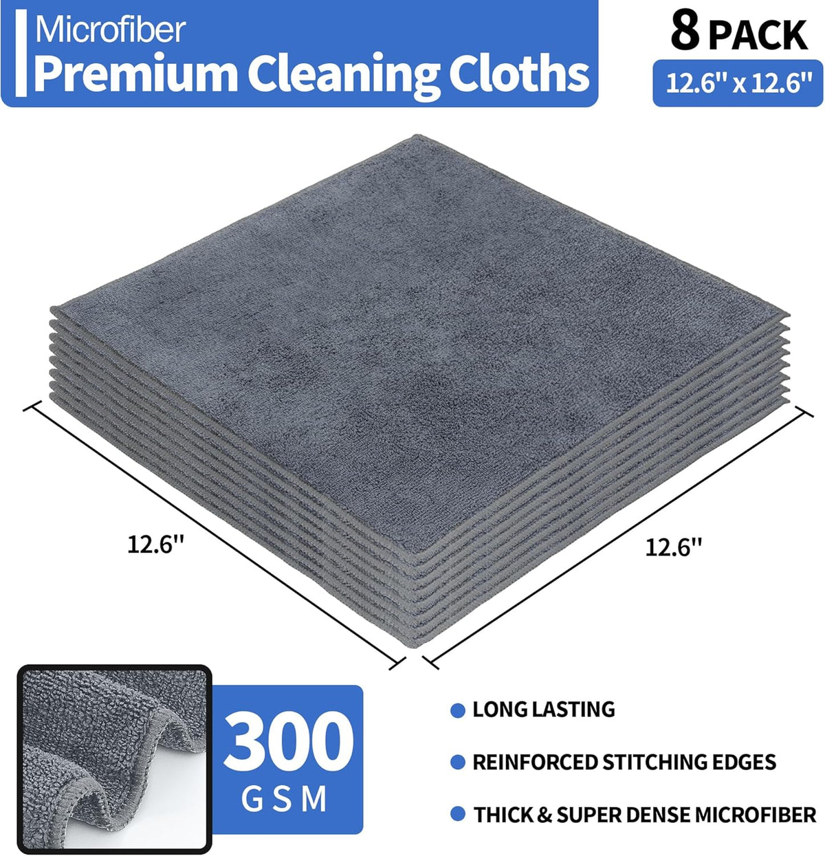 HOMERHYME Microfiber Cleaning Cloths, 8 Pack Cleaning Rags, Lint-Free 300GSM Microfiber Towels Bulk Absorbent Washcloths, All-Purpose Cleaning Towels for Household Kitchen Shop Garage 12.6" x 12.6"