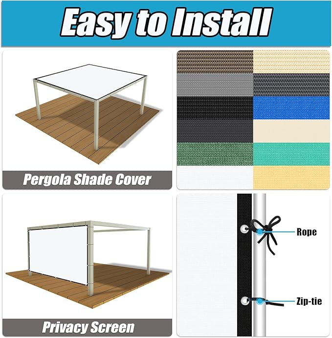 Amagenix 90% Pergola Shade Cover 7' X 12' Sun Shade Cloth with Grommets for Outdoor Garden Patio Porch, Commercial Grade 200 GSM - Cable Zip Ties Included (We Customized) GN108, White
