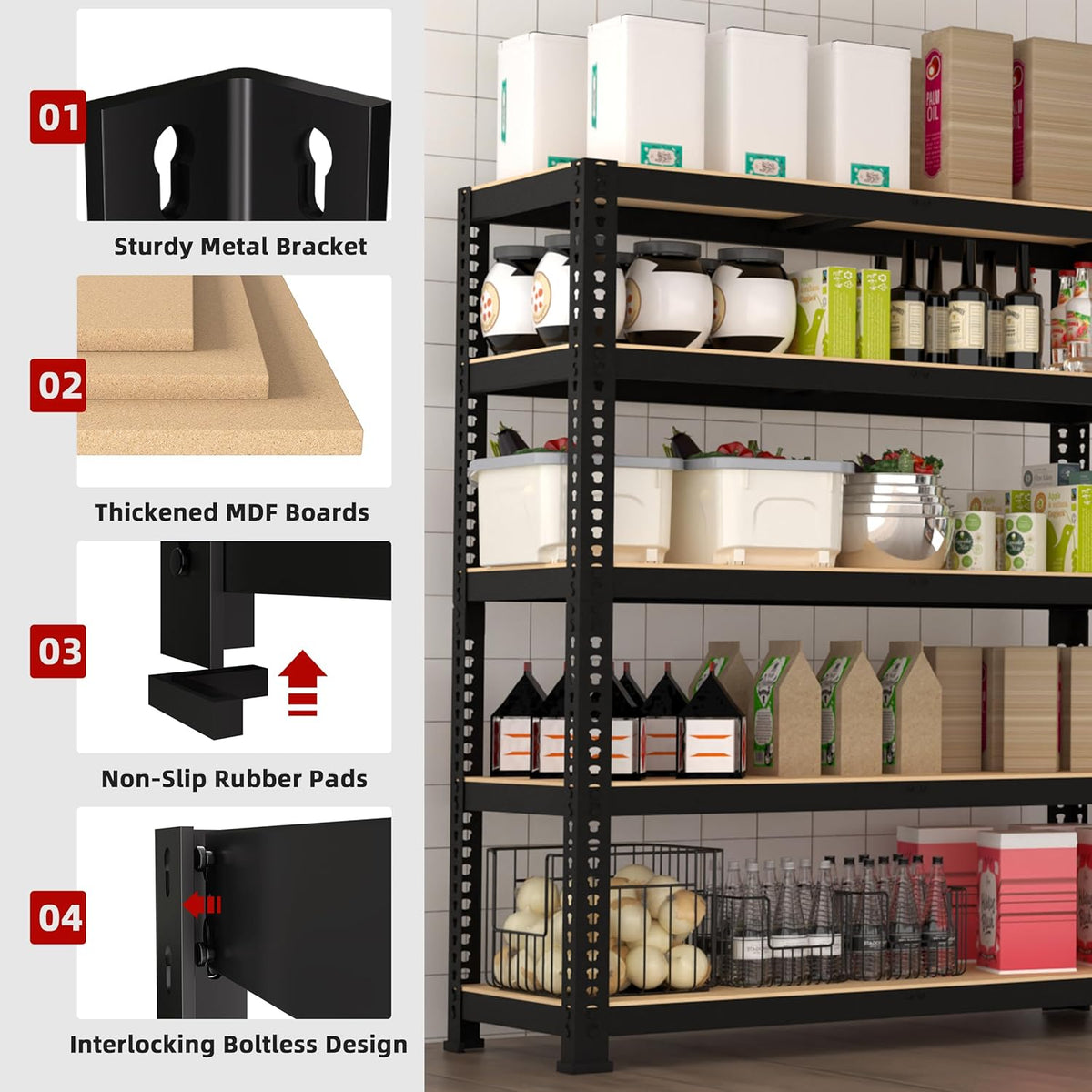 4 Packs 35.5" W x 16" D x 71" H Adjustable Garage Storage Shelves - 5-Shelf Heavy Duty Shelving Unit, Metal Utility Storage Organizer Racks for Warehouse Pantry Closet Kitchen, Black