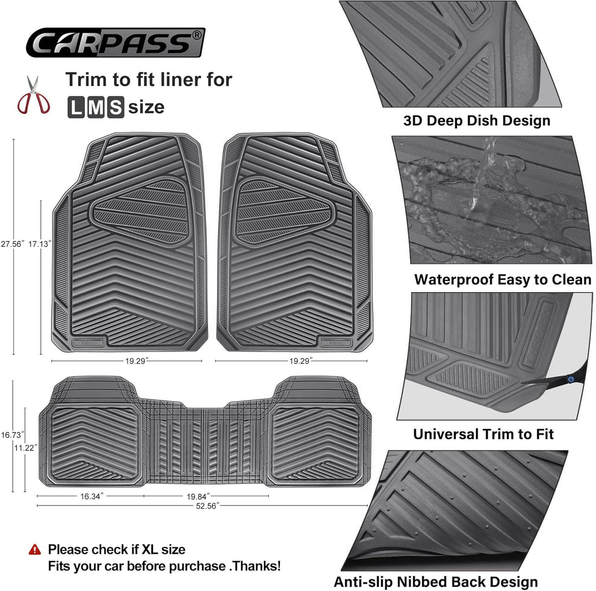 CAR PASS Rubber Car Mats,Car Floor Mats All Weather,Car Mat Full Set 3 Piece,Grey Waterproof Automotive Floor Mat Trim to Fit for Cars Sedan SUVs Small Trucks,Heavy Duty Anti-Slip Easy Clean, All Gray