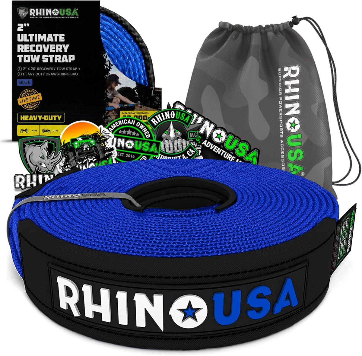 Rhino USA Recovery Tow Strap (2"x20')- 20024lb Break Strength- Emergency Recovery Strap Tow Rope for UTV, ATV & More- Heavy Duty Towing Strap for Offroad 4x4 Use- Compatible with RZR and Can-Am (Blue)